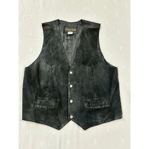 Western Frontier Mens Black Leather Vest Suede Biker Cowboy Size XL Snap Front